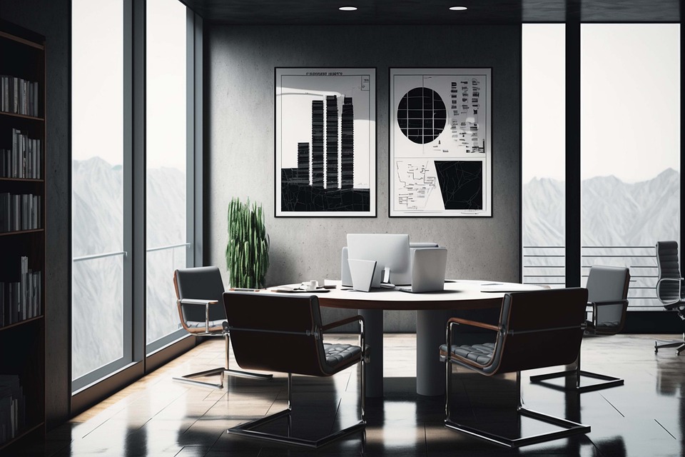 A smart office room showcases sleek smart tech in monochrome colors, with a dash of greenery and sunlight.