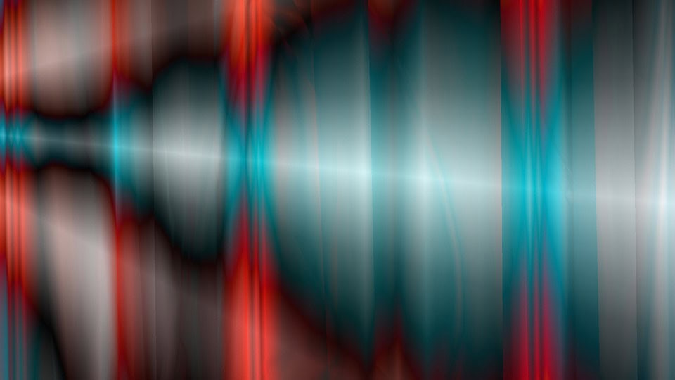 A visualization of a sound wave in bright red, blue and orange hues