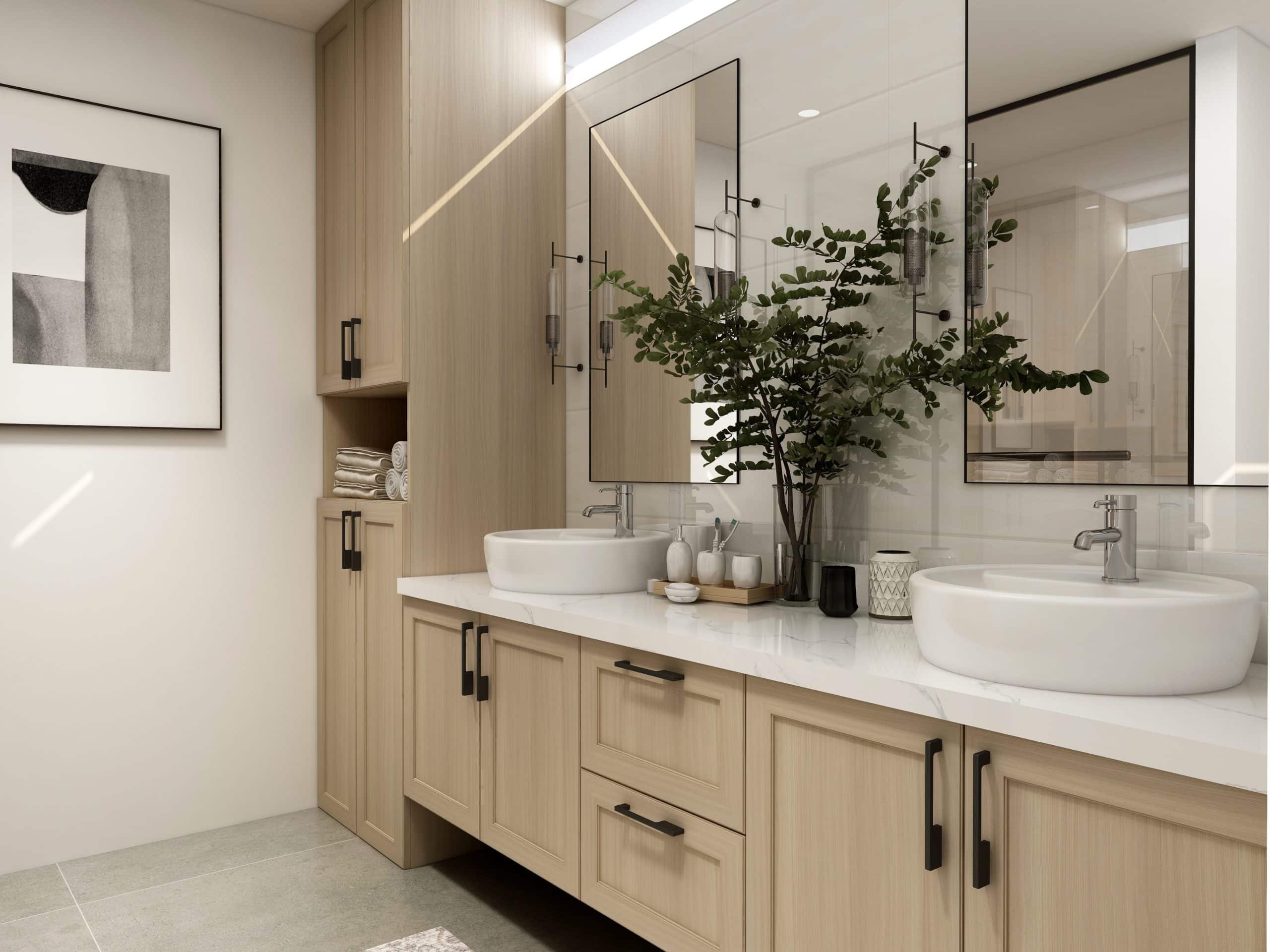 A modern residential bathroom with two mirrors.