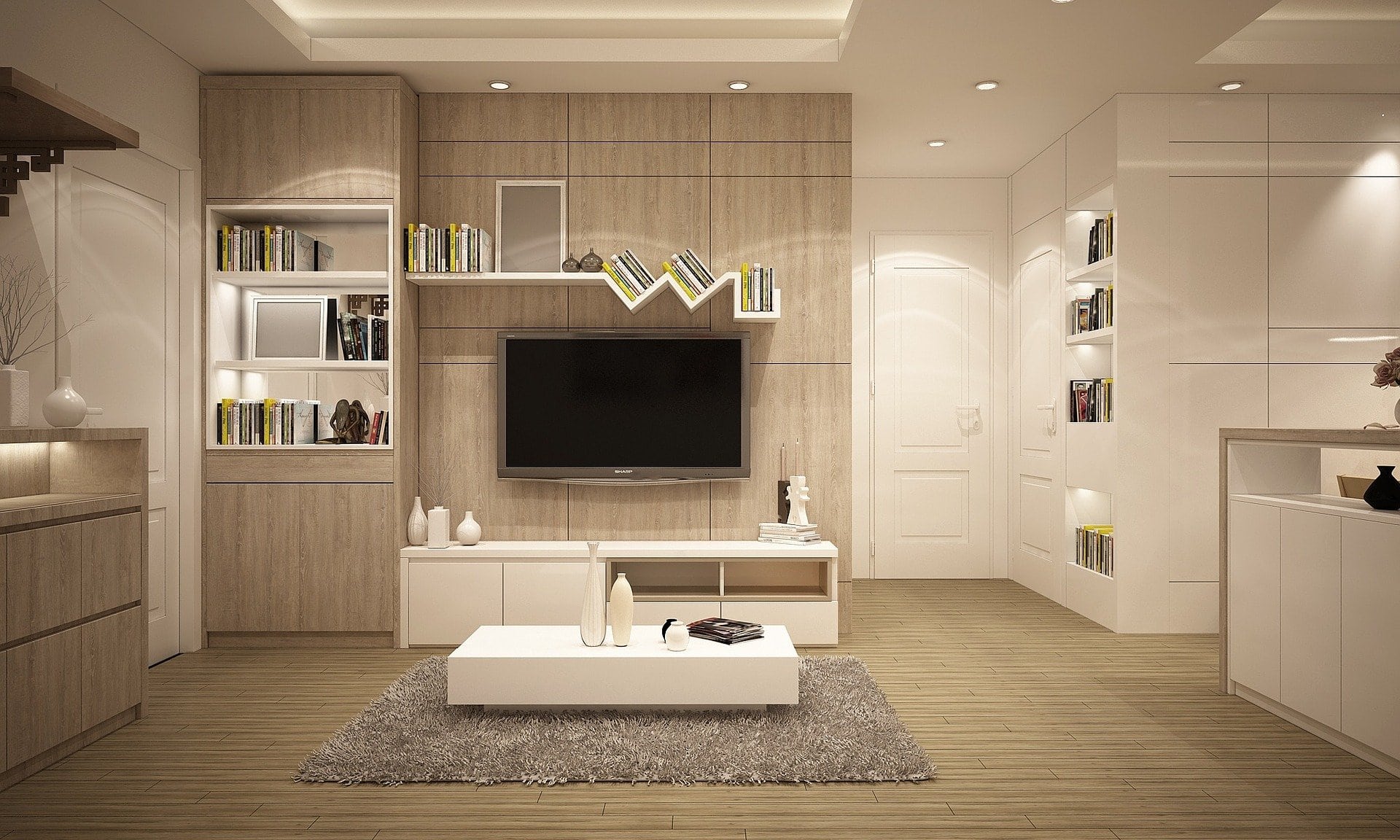 A modern living room interior with neutral colors.